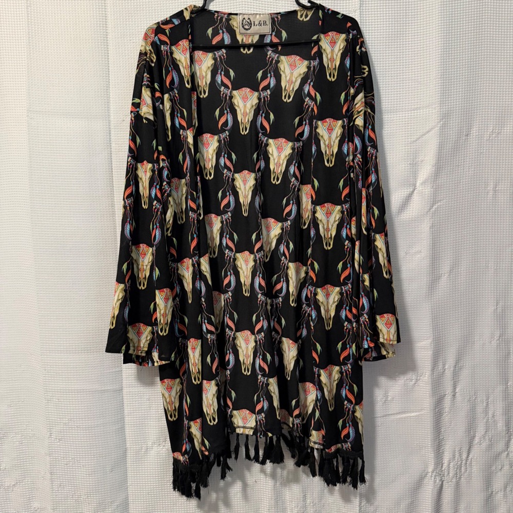 L&B Kimono Cardigan Chiffon Bull Skull Tassel Fringe Western Boho Black OS